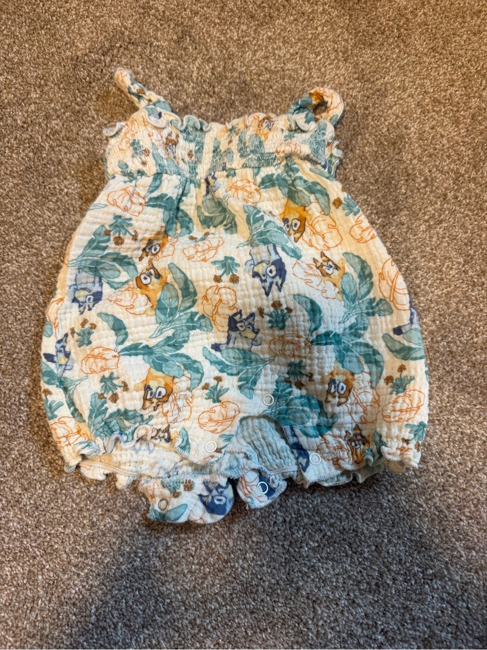 Baby Floral Leaf Print Romper in Cream and Green - Bluey